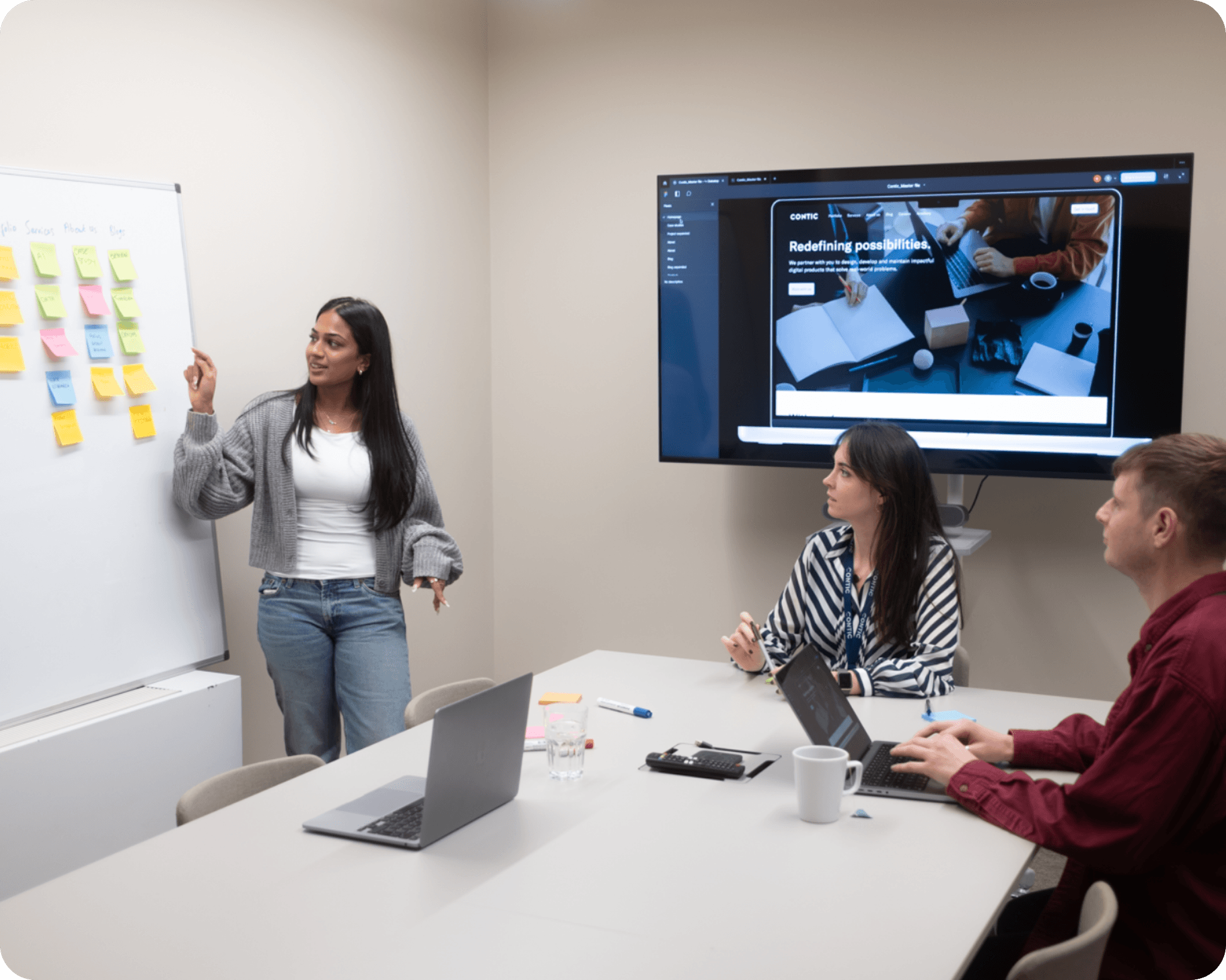 3 People looking at a whiteboard with smile