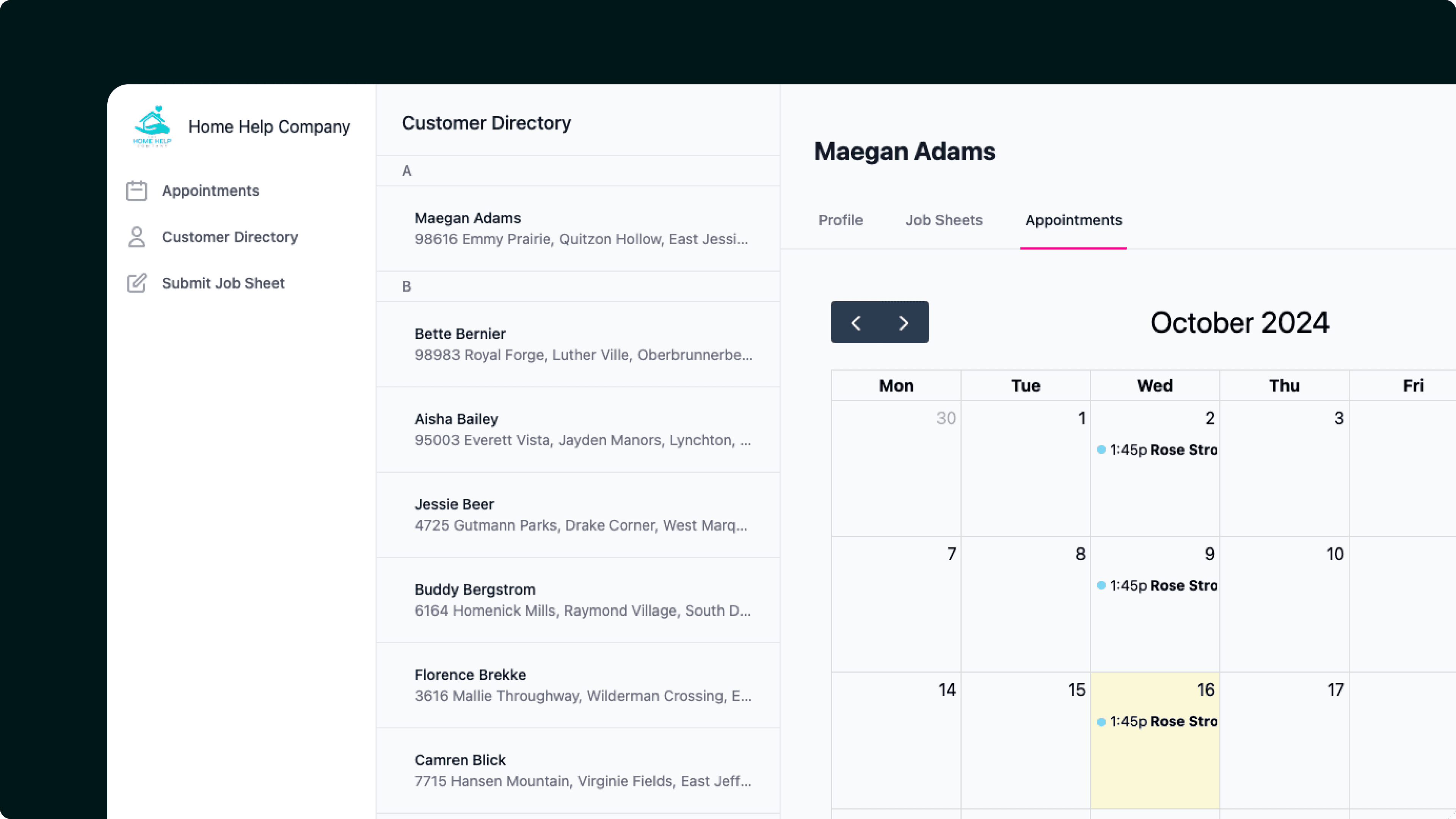 Image of the home help companies website dashboard